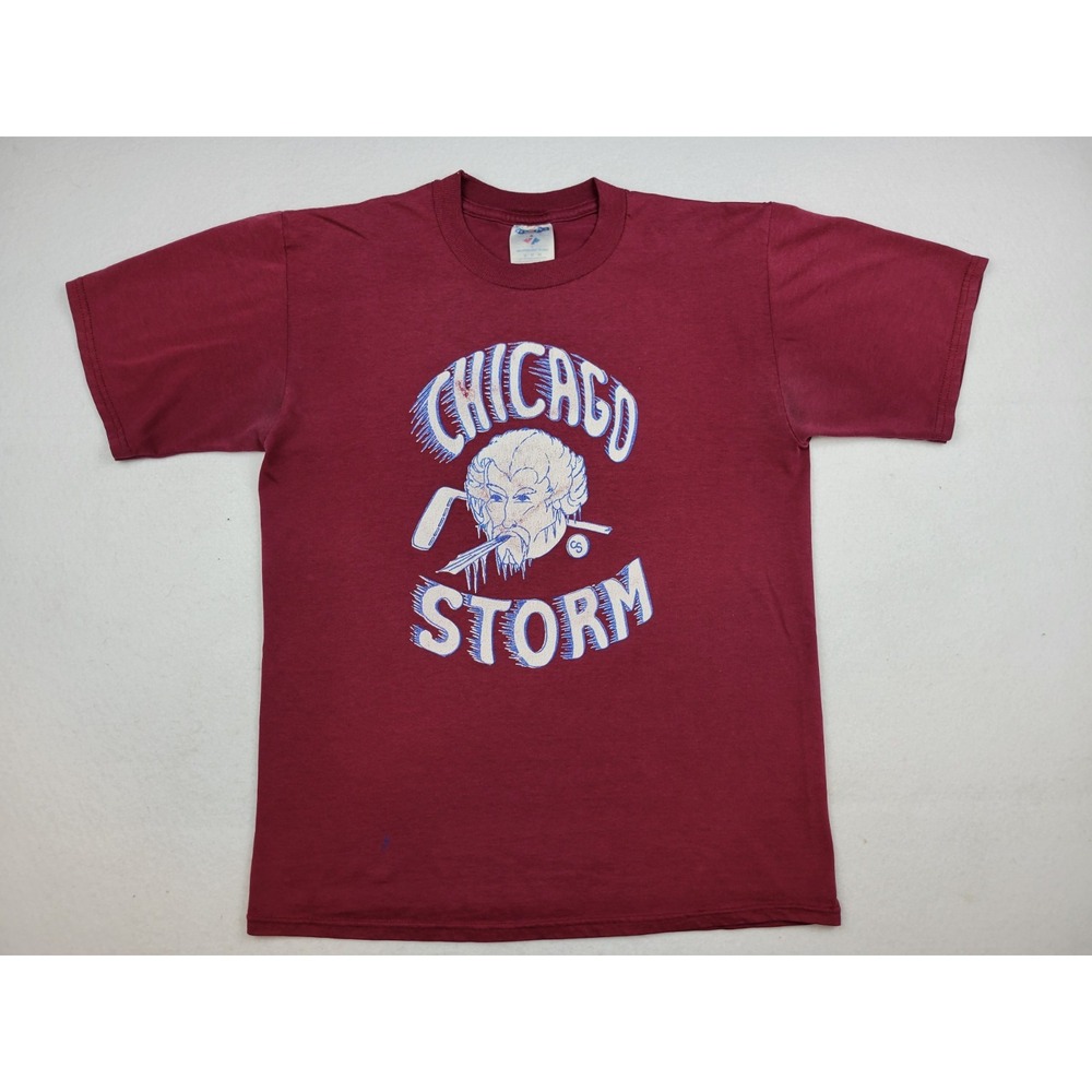 Vintage Chicago Storm Hockey Kman #4‎ Logo Shirt Size Medium Distressed Maroon